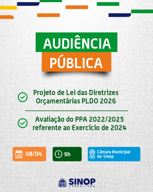 Prefeitura fará audiência pública para apresentação da LDO 2026 e avaliação do PPA 2024