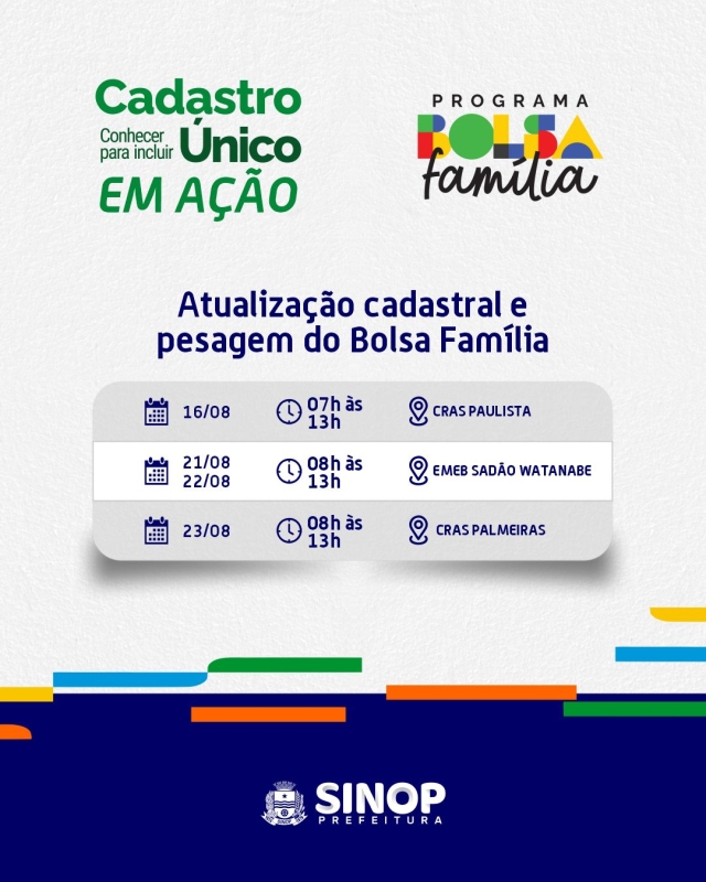 Prefeitura de Sinop convoca população para atualização cadastral e pesagem do Bolsa Família