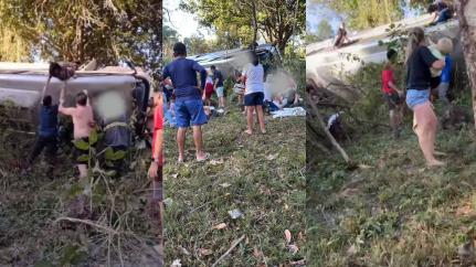 Micro-ônibus tomba em ribanceira e deixa 2 mortos e 34 feridos