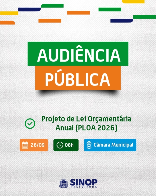 Prefeitura de Sinop promove audiência pública para discutir Lei Orçamentária Anual de 2026 nesta sexta-feira (26)