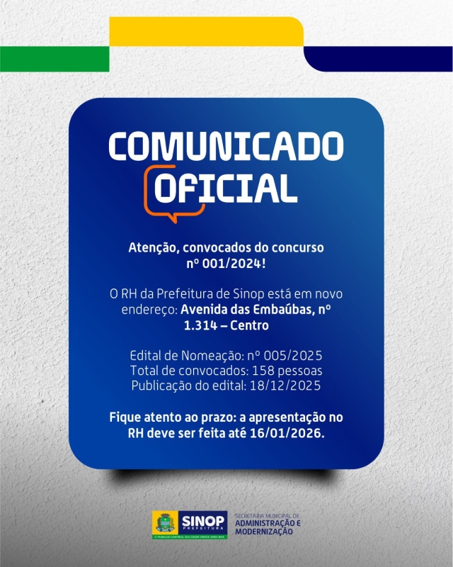 Prefeitura de Sinop convoca mais 158 aprovados e amplia para 95,4% o preenchimento das vagas do concurso