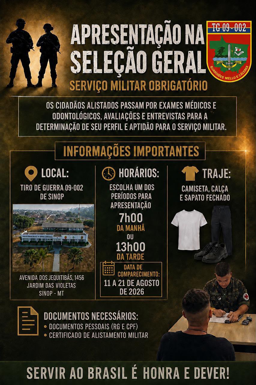 ATENÇÃO - INICIOU O PERÍODO DE APRESENTAÇÃO NA SELEÇÃO GERAL DO SERVIÇO MILITAR OBRIGATÓRIO