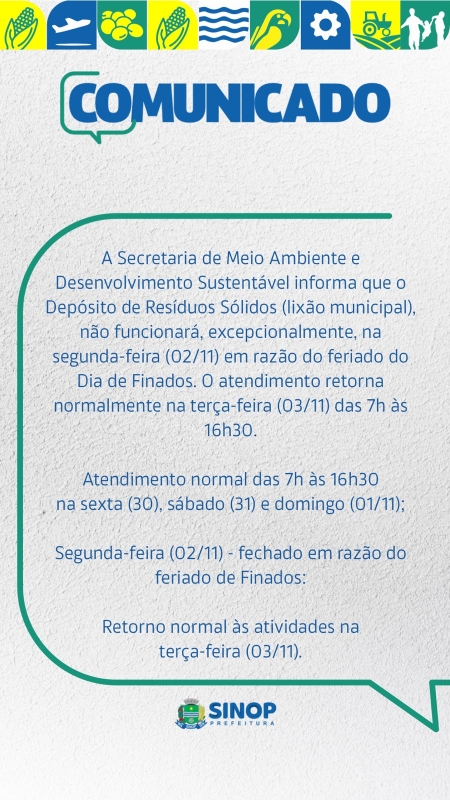 Depósito de Resíduos Sólidos abre nesta sexta (30), sábado (31) e domingo (01/11) e fecha na segunda-feira (02/11)